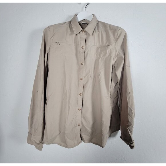 REI Womens Beige Long Sleeve Button-Up Shirt Large Lightweight Outdoor Hiking - Picture 1 of 8